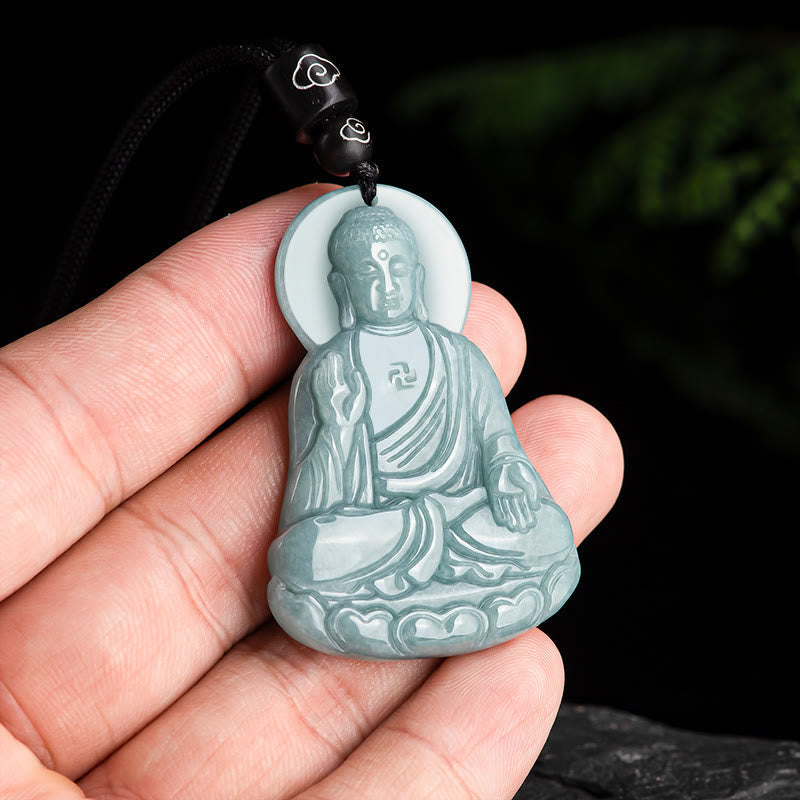 Wear FengShui Amitabha Buddha Natural Jade Lotus Amulet Compassion String Necklace Pendant
