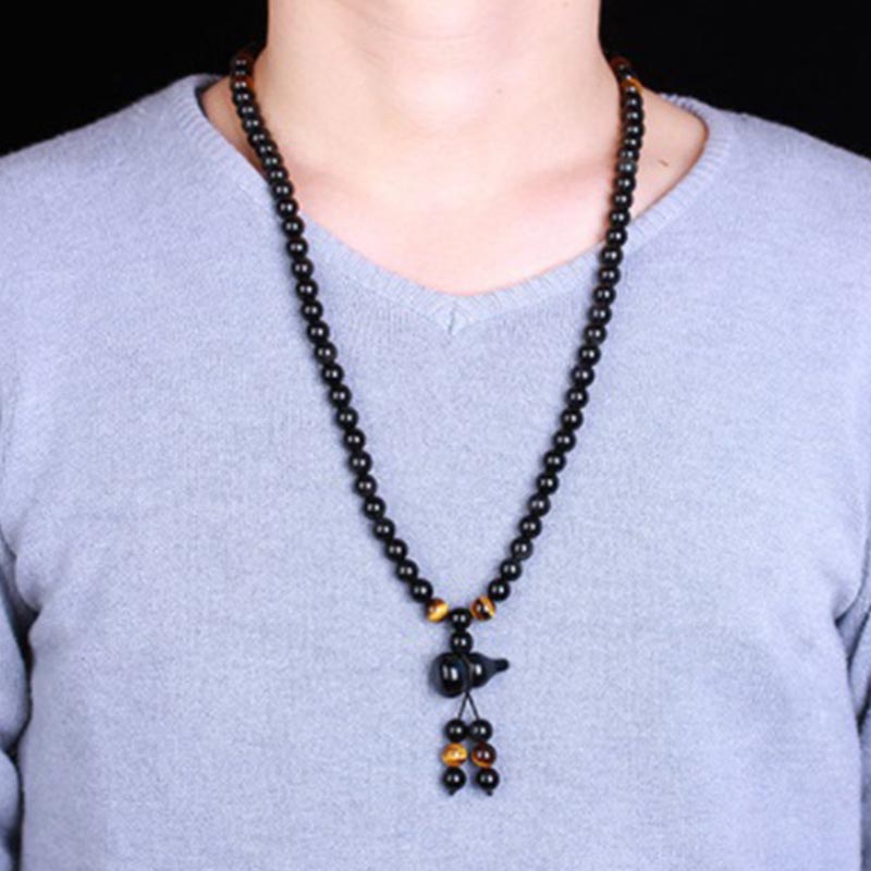 Wear FengShui Natural Black Obsidian Rainbow Obsidian Gourd Blessing Bracelet Mala
