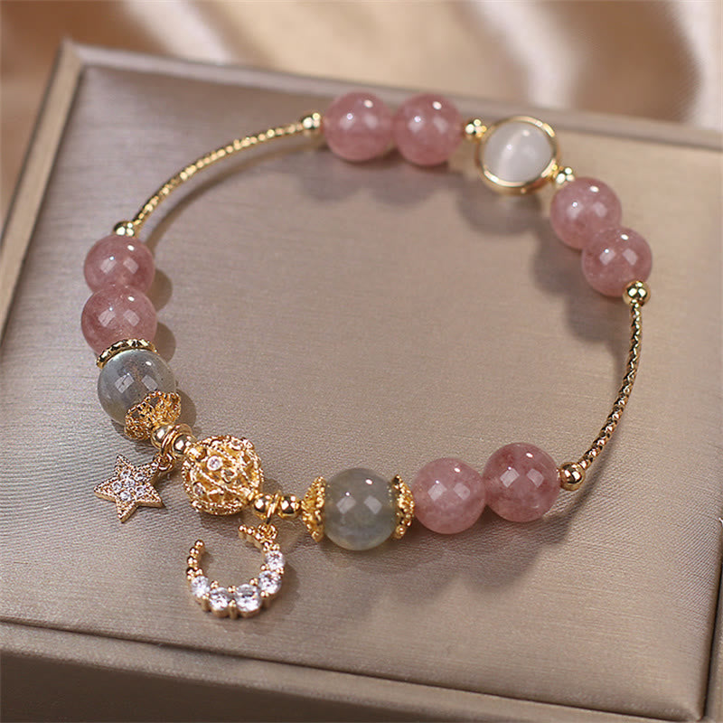 Wear FengShui Strawberry Quartz Moonstone Moon Star Love Bracelet