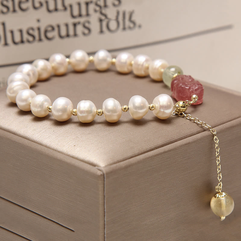 Wear FengShui Natural Pearl Strawberry Quartz PiXiu Optimism Charm Bracelet