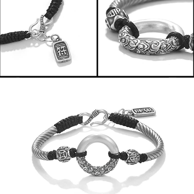 Wear FengShui 999 Sterling Silver Fu Character Peace Buckle Copper Coin Auspicious Clouds Fortune Bracelet