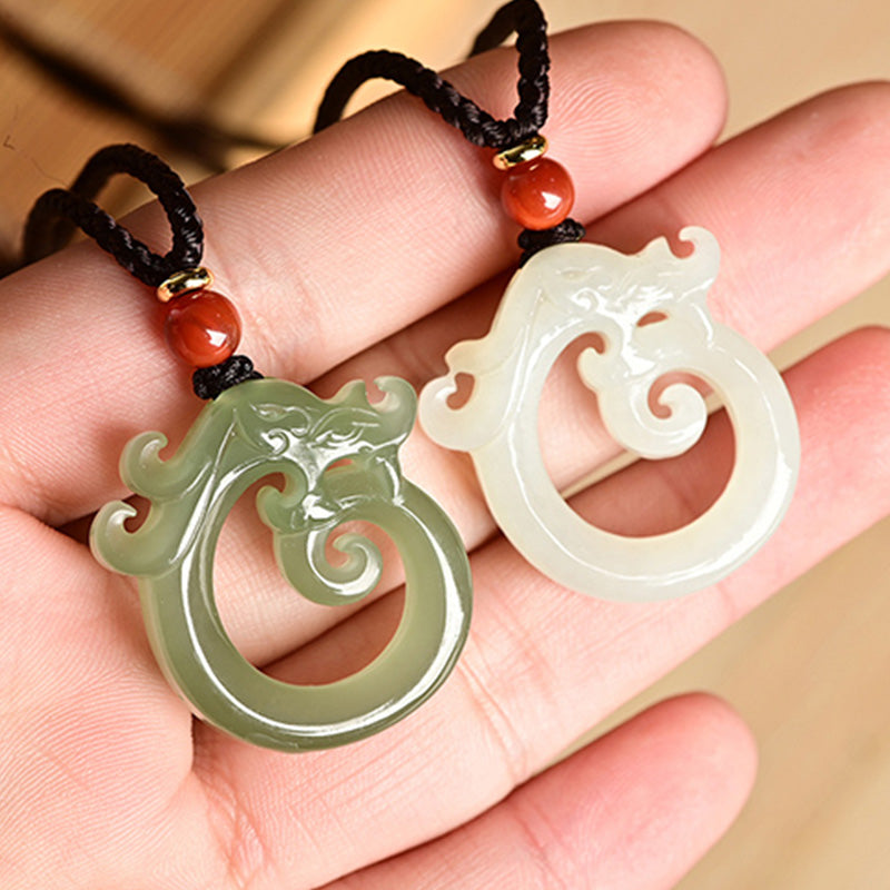 Wear FengShui White Jade Cyan Jade Dragon Protection Necklace String Pendant
