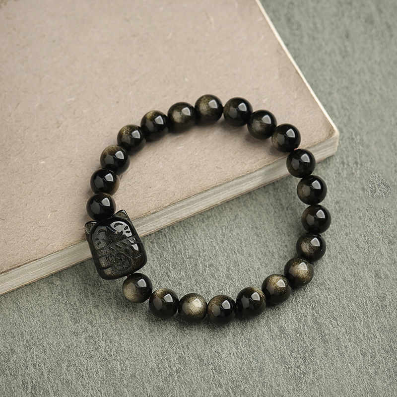 Wear FengShui Gold Sheen Obsidian Silver Sheen Obsidian Lovely Paw Lucky Cat Protection Bracelet
