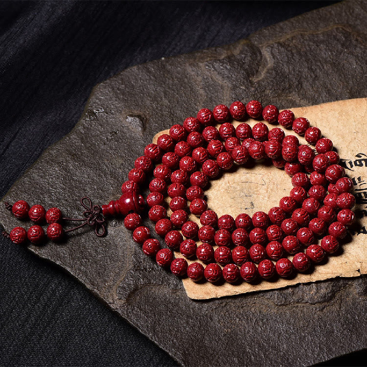 Wear FengShui 108 Mala Beads Cinnabar Om Mani Padme Hum Pattern Engraved Blessing Bracelet
