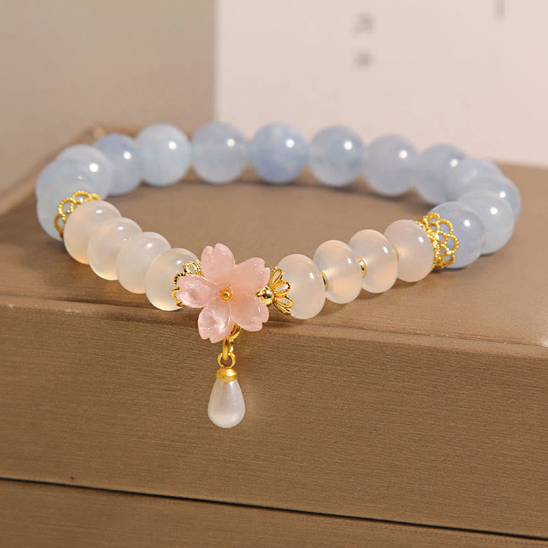 Wear FengShui Aquamarine White Agate Pearl Abacus Beads Flower Healing Bracelet