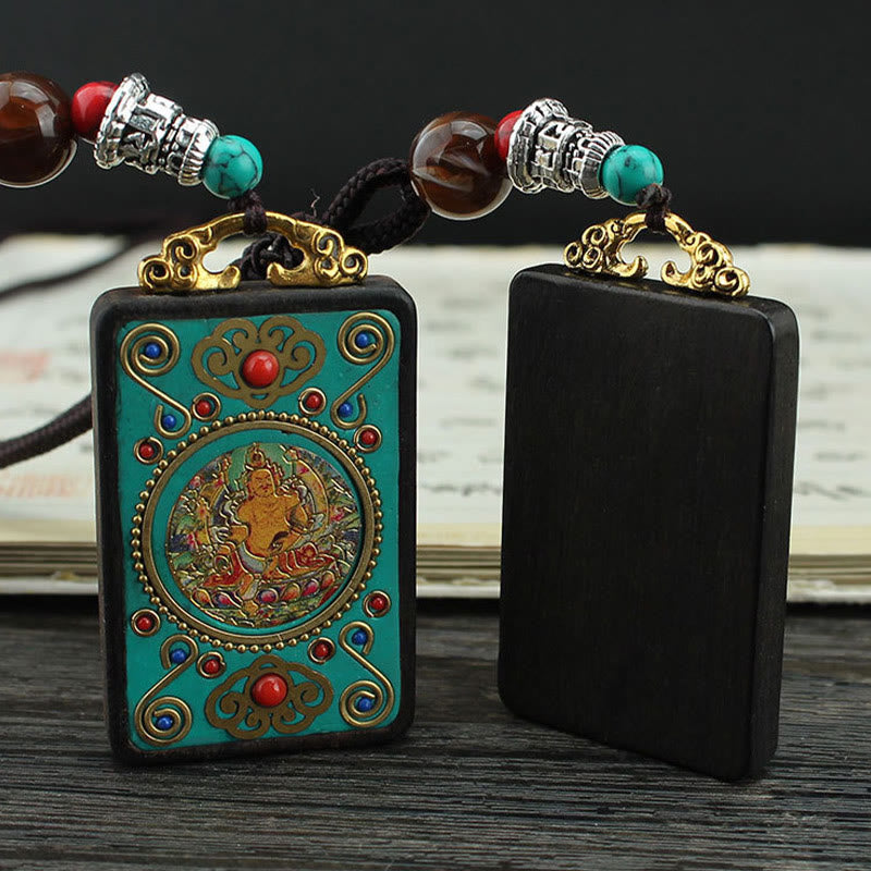 Wear FengShui Tibet God Of Wealth Money Tree Golden Phoenix Thangka Ebony Peace Necklace Pendant