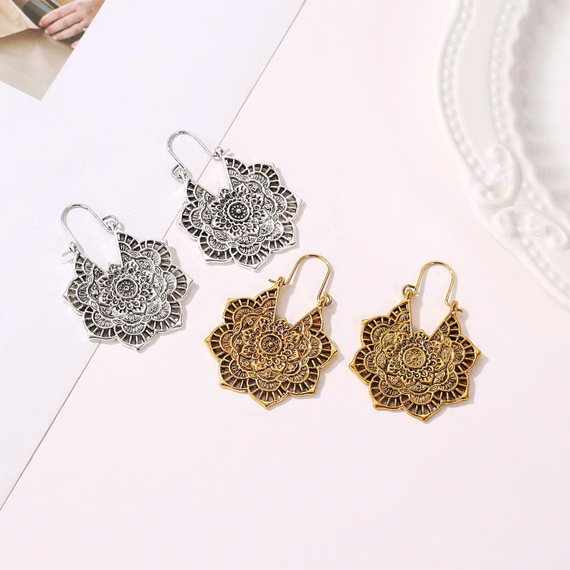 Wear FengShui Tibetan Lotus Engraving Copper Blessing Drop Earrings