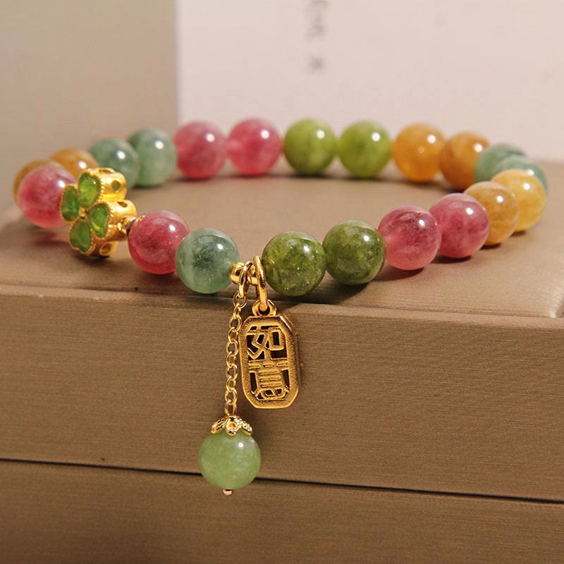 Wear FengShui Tourmaline Jade Colorful Four-leaf Clover Positive Bracelet