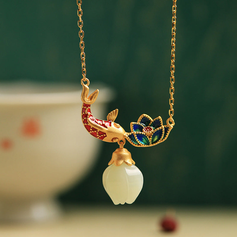 Wear FengShui White Jade Koi Fish Lotus Copper Protection Necklace Pendant
