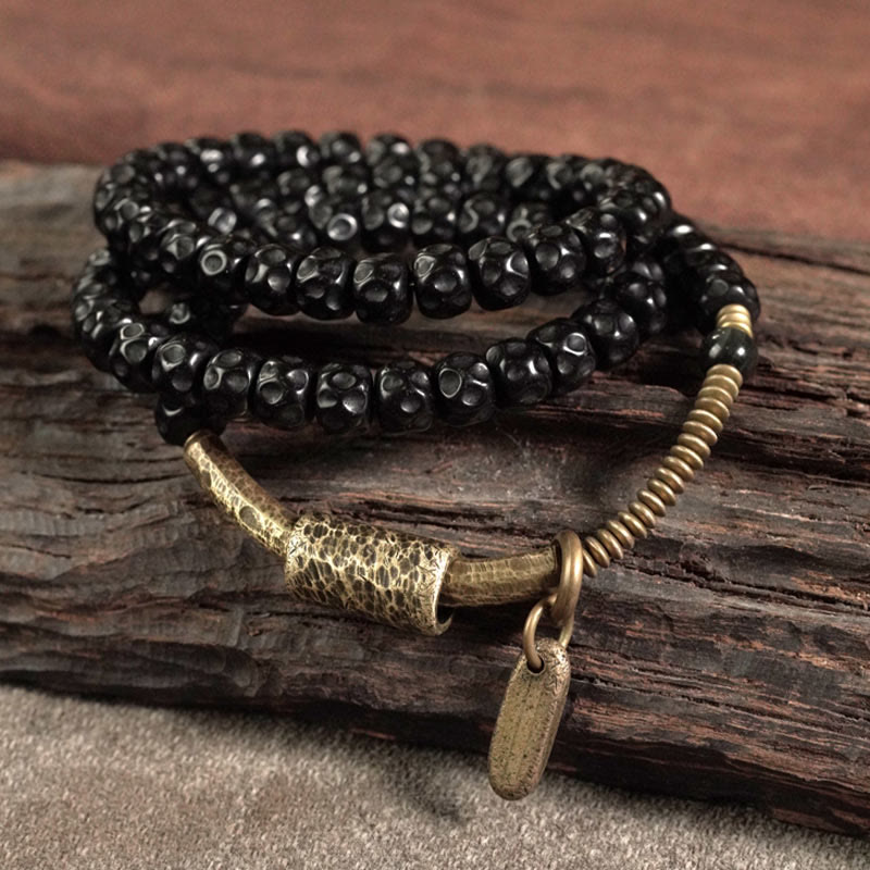 Wear FengShui Retro Coconut Shell Brass Copper Happiness Triple Wrap Bracelet