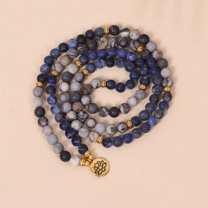 Wear FengShui 108 Mala Beads Sodalite Zebra Jasper Crystal Lotus Strength Bracelet