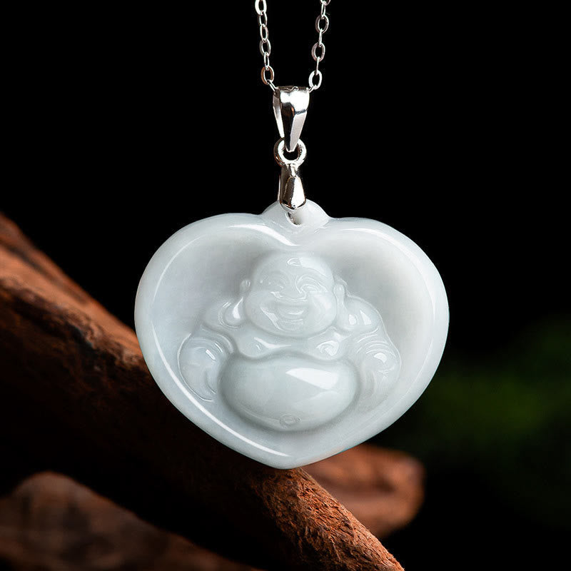 Wear FengShui Laughing Buddha White Jade Luck Blessing Titanium Steel Chain Necklace Pendant