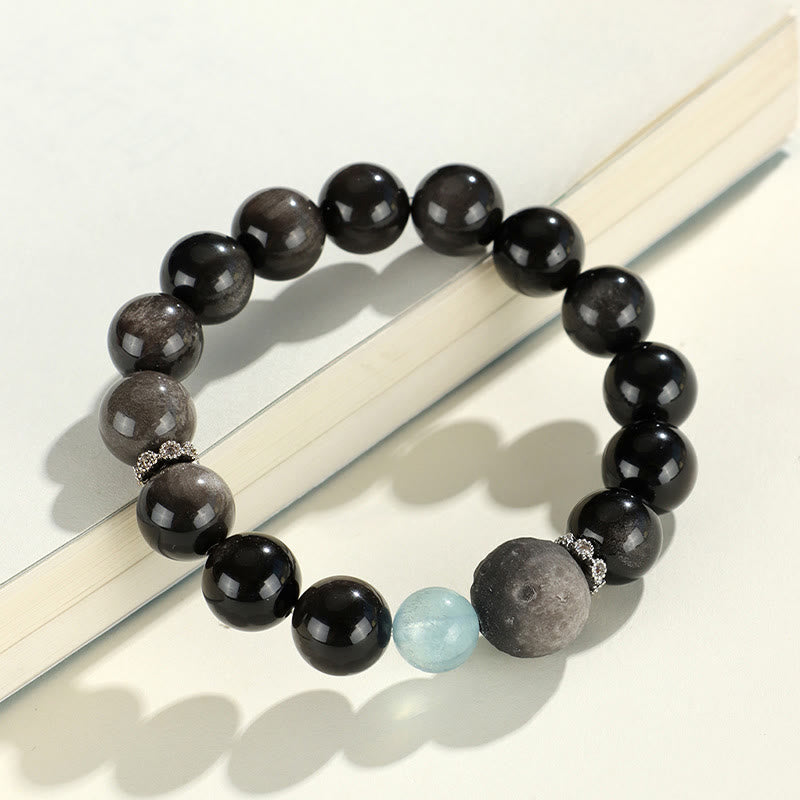 Wear FengShui Natural Silver Sheen Obsidian Cat Head Fox Planet Protection Bracelet
