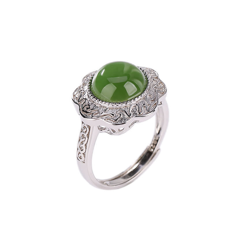 Wear FengShui 925 Sterling Silver Hetian Cyan Jade Flower Design Luck Adjustable Ring