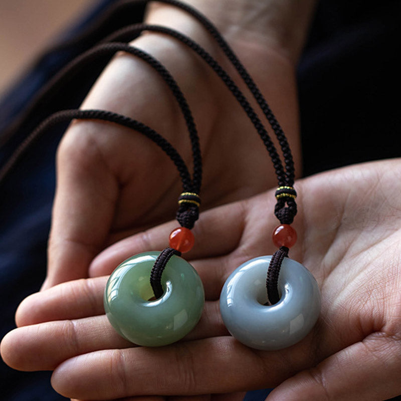 Wear FengShui Natural Round Jade Gray Jade Peace Buckle Luck Necklace Pendant