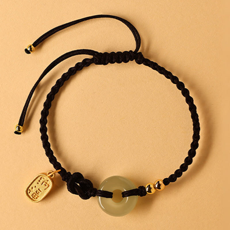Wear FengShui Hetian Jade Peace Buckle Fu Character String Luck Bracelet