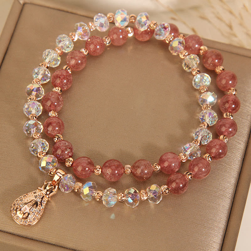 Wear FengShui Strawberry Quartz White Crystal Money Bag Charm Positive Bracelet