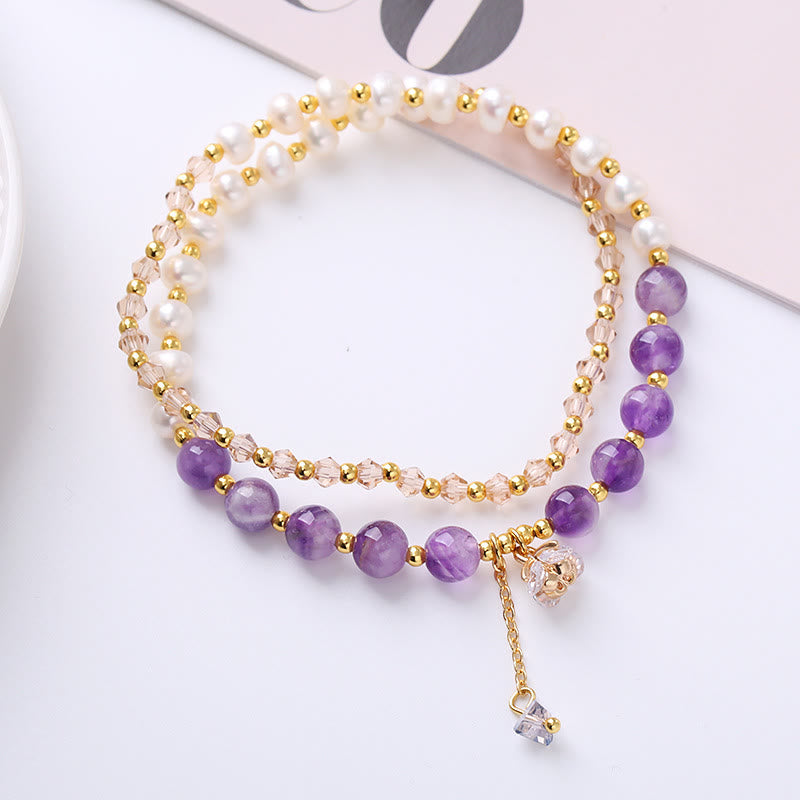 Wear FengShui Natural Amethyst Aquamarine Strawberry Quartz Pearl Peace Healing Double Wrap Bracelet