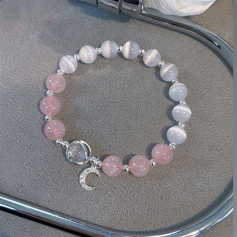 Wear FengShui Natural Cat's Eye Pink Crystal Moon Love Charm Bracelet