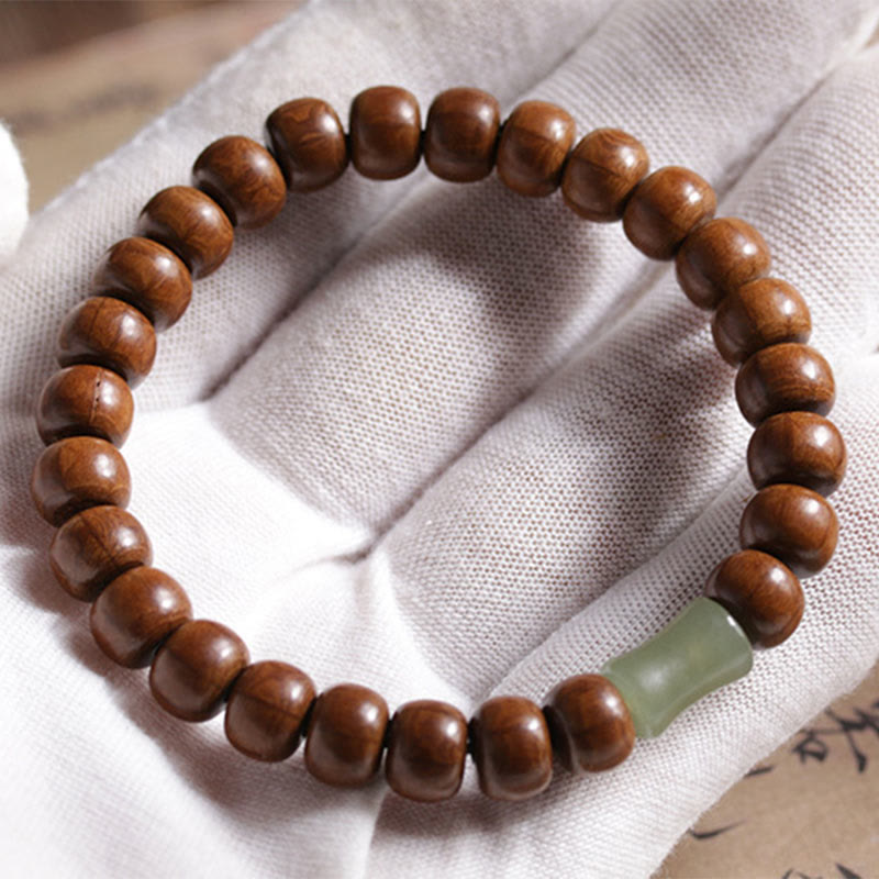 Wear FengShui Natural Abelia Biflora Wood Hetian Jade Bamboo Bead Warding Off Evil Spirits Bracelet