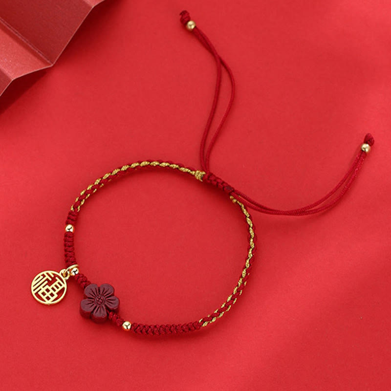 Wear FengShui Cinnabar Flower Fu Character Blessing Braided String Bracelet