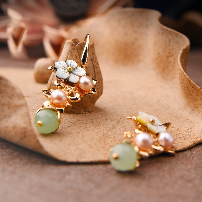 Wear FengShui 14K Gold Plated Tridacna Stone Flower Pearl Green Aventurine Bead Drop Earrings