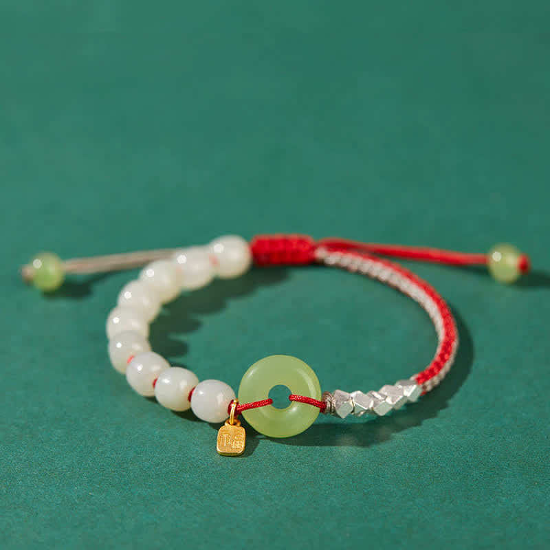 Wear FengShui 925 Sterling Silver Hetian Jade Peace Buckle Beaded Luck Happiness Charm Bracelet