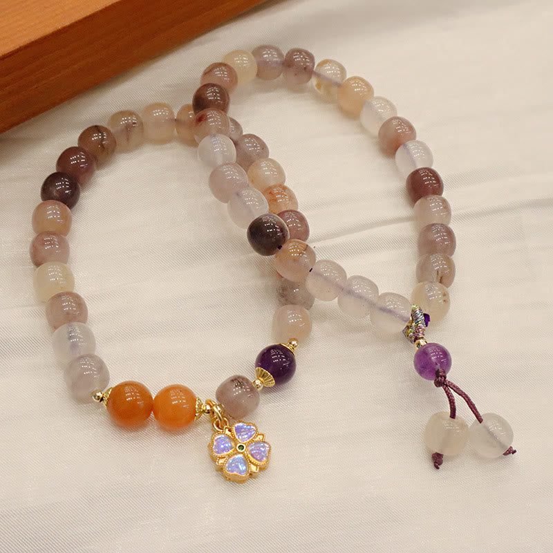 Wear FengShui Natural Purple Golden Silk Jade Violet Flower Bead Charm Wealth Bracelet