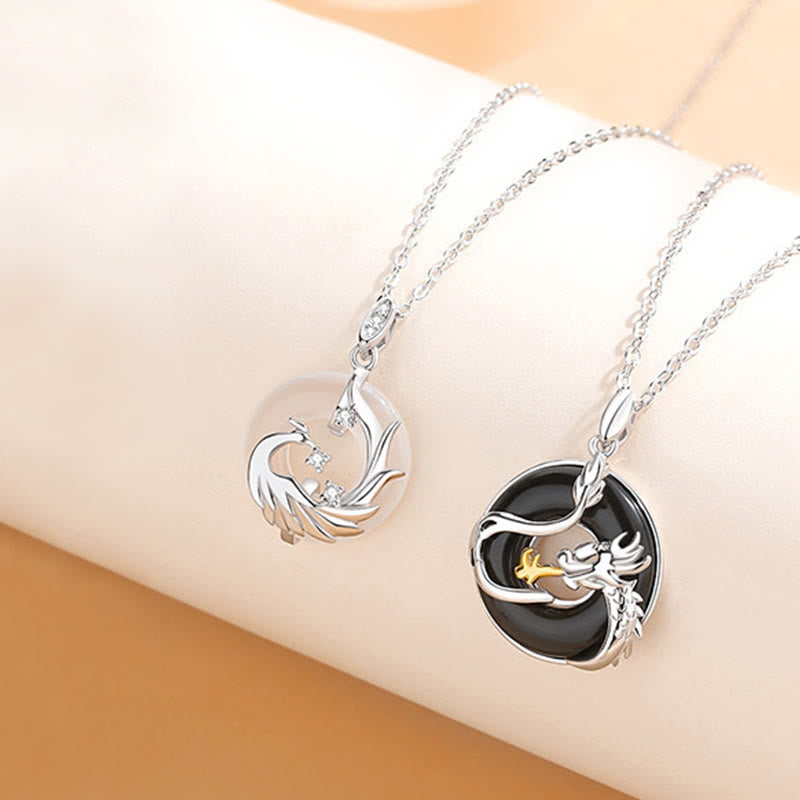 Wear FengShui 925 Sterling Silver Year of the Dragon Natural Black Onyx Chalcedony Dragon Phoenix Peace Buckle Protection Necklace Pendant