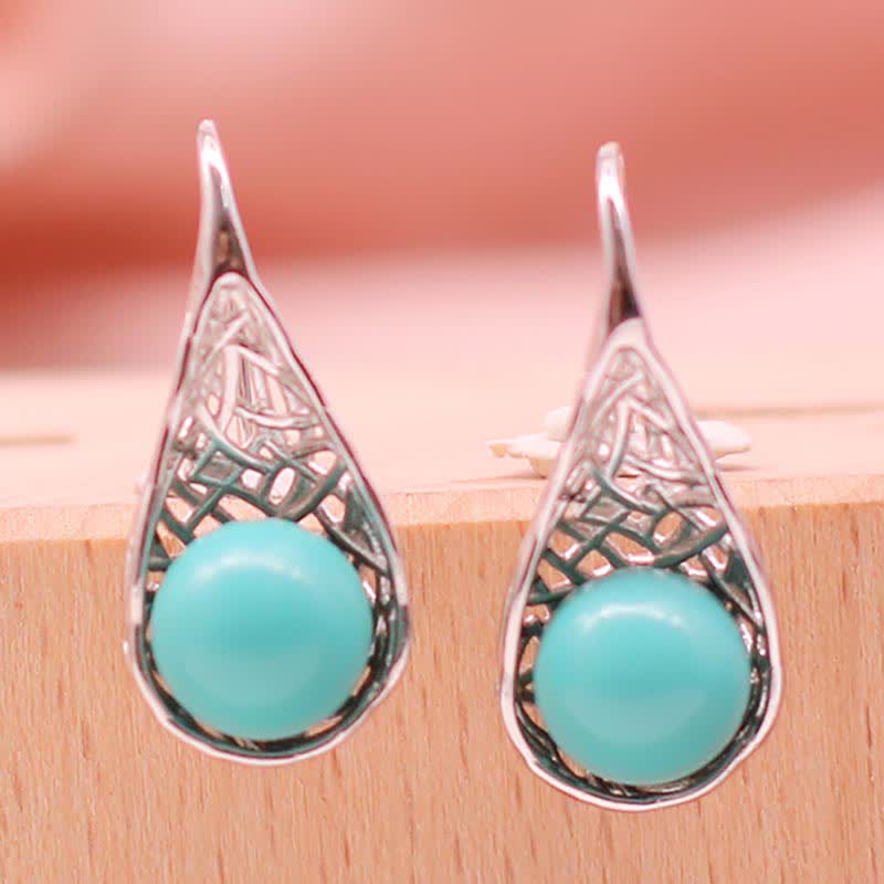 Wear FengShui 925 Sterling Silver Turquoise Beaded Pattern Protection Drop Dangle Earrings