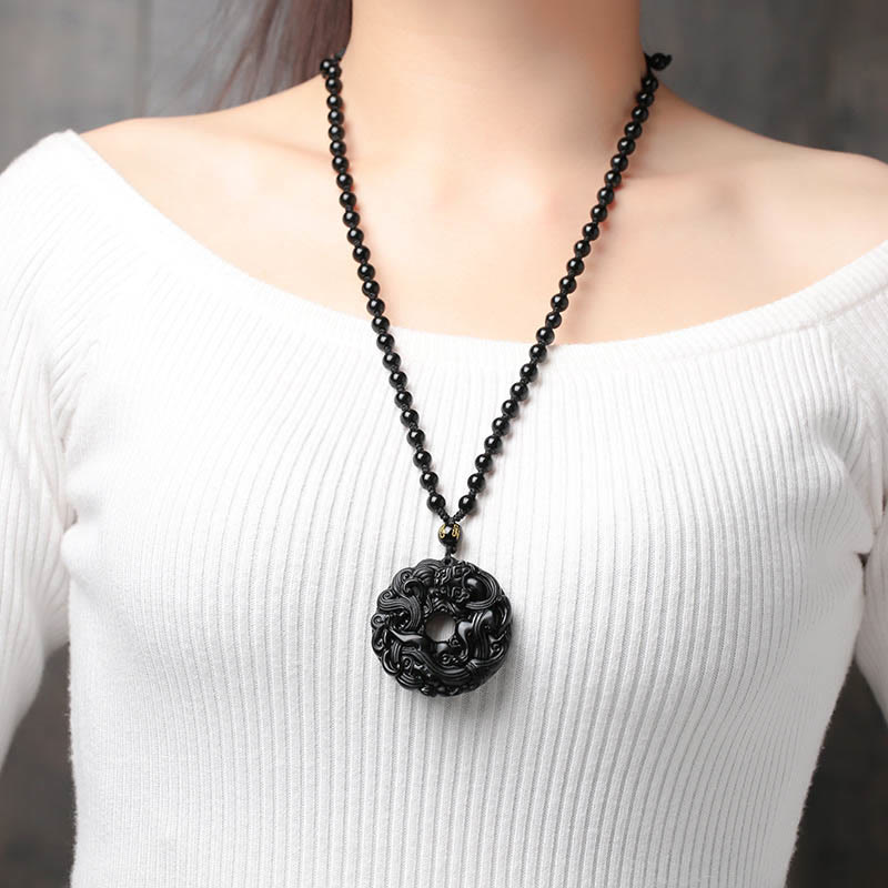 Wear FengShui Natural Black Obsidian Peace Buckle Pixiu Purification Necklace Pendant