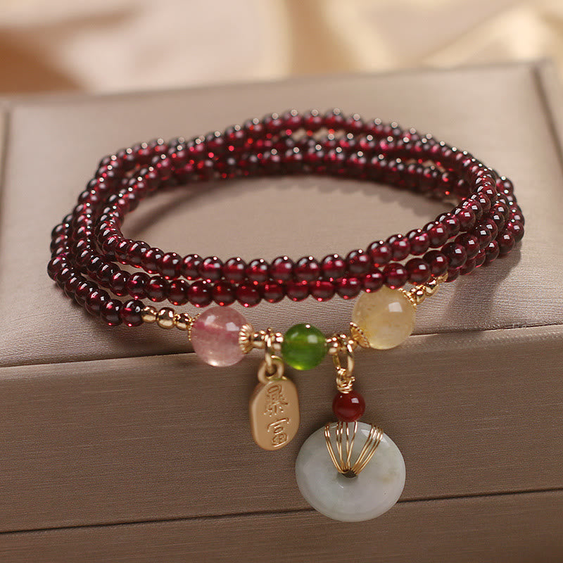 Wear FengShui Natural Garnet Strawberry Quartz Crystal Fox Koi Fish Peace Buckle Fortune Protection Triple Wrap Bracelet