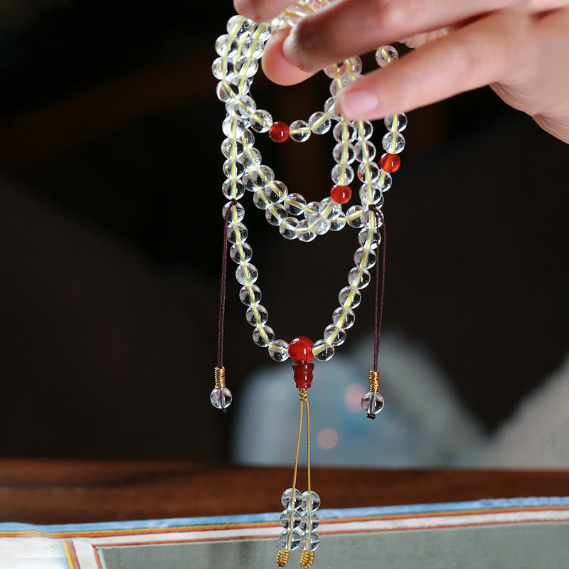 Wear FengShui 108 Mala Beads 925 Sterling Silver Natural White Agate Red Agate Quadruple Wrap Protection Bracelet