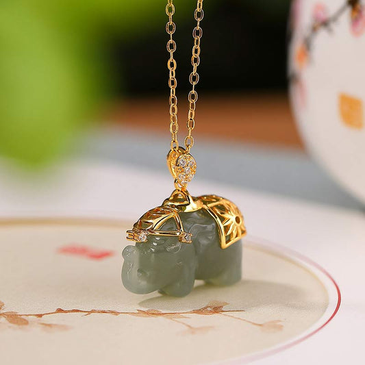 Wear FengShui 925 Sterling Silver Jade Elephant Blessing Fortune Necklace Chain Pendant