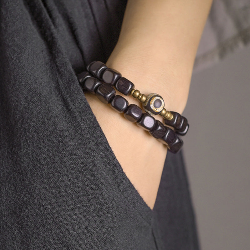 Wear FengShui Ebony Wood Dzi Bead Copper Peace Couple Bracelet