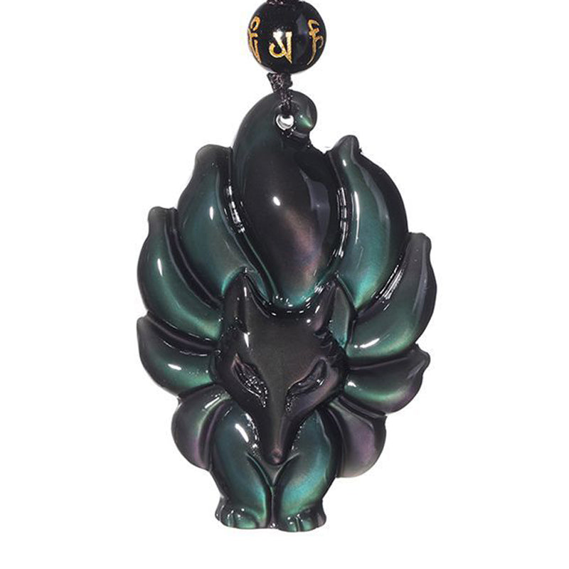 Wear FengShui Natural Rainbow Obsidian Gold Sheen Obsidian Nine Tailed Fox Positive Necklace Pendant