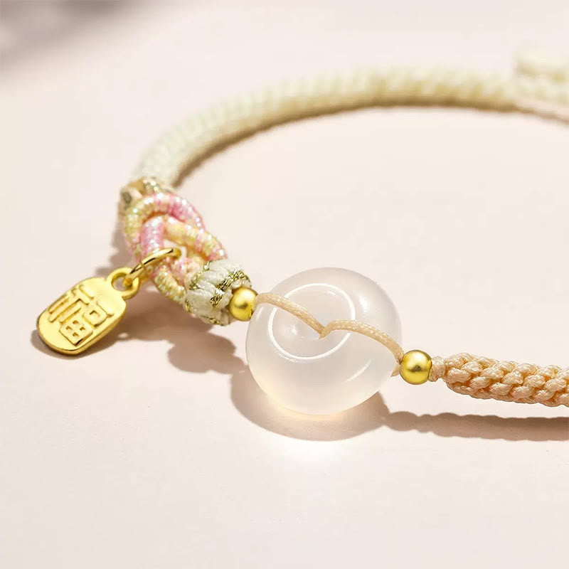 Wear FengShui Handmade White Agate Peace Buckle Luck Happiness Protection Weave String Bracelet