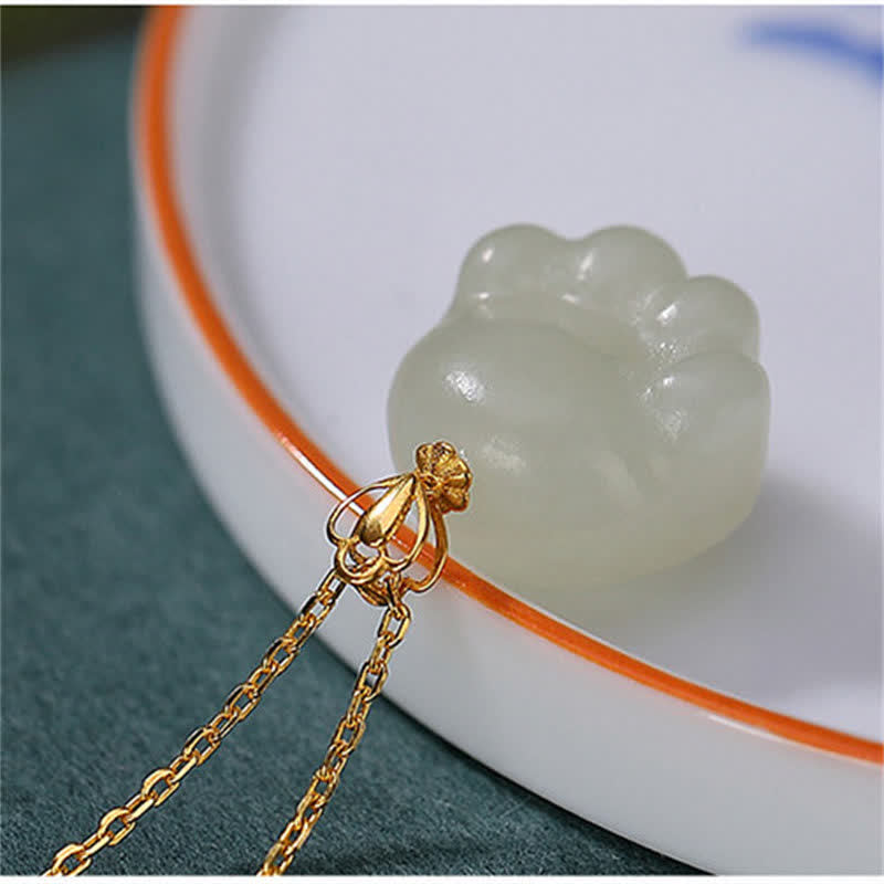 Wear FengShui 925 Sterling Silver Hetian White Jade Cute Cat Paw Luck Necklace Pendant