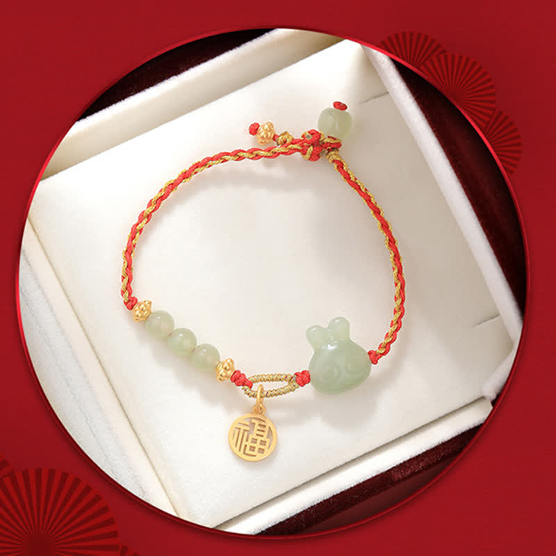 Wear FengShui 925 Sterling Silver Year of the Rabbit Hetian Jade Happiness Luck Red String Bracelet