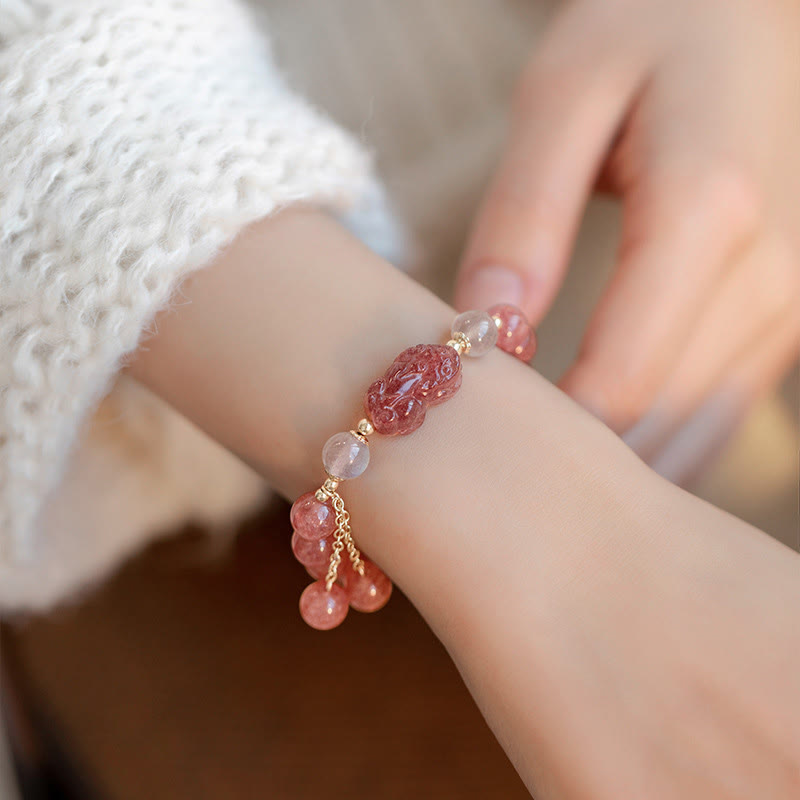 Wear FengShui Natural Strawberry Quartz Moonstone PiXiu Love Healing Bracelet