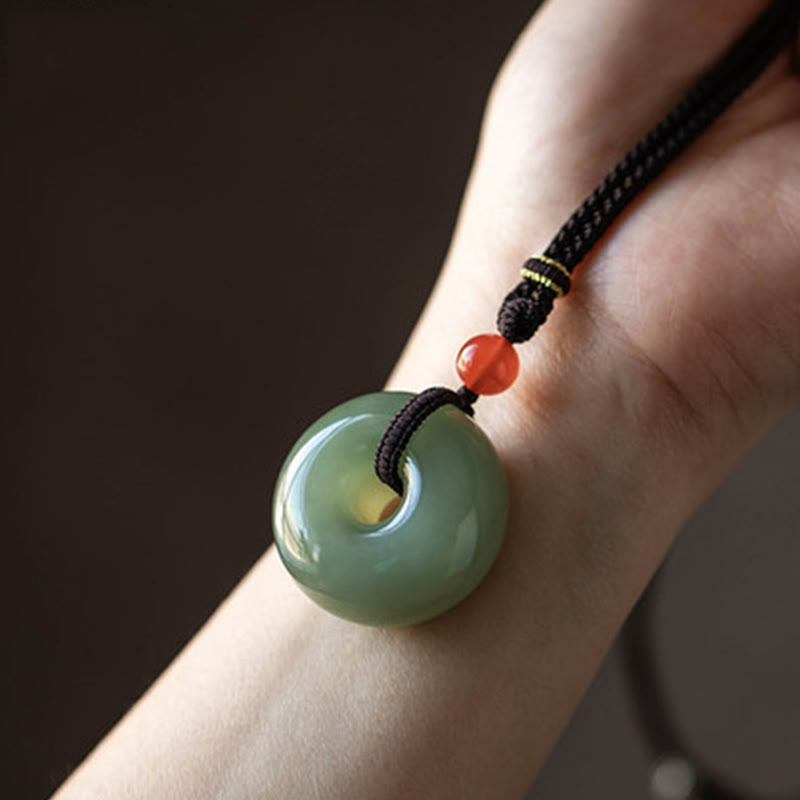 Wear FengShui Natural Round Jade Peace Buckle Lotus Abundance String Necklace Pendant