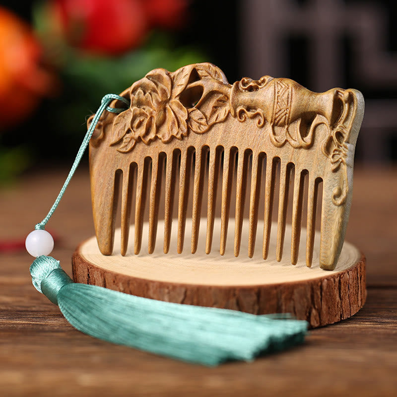 Wear FengShui Green Sandalwood Fox Peony Flower Lotus Engraved Cure Tassel Comb