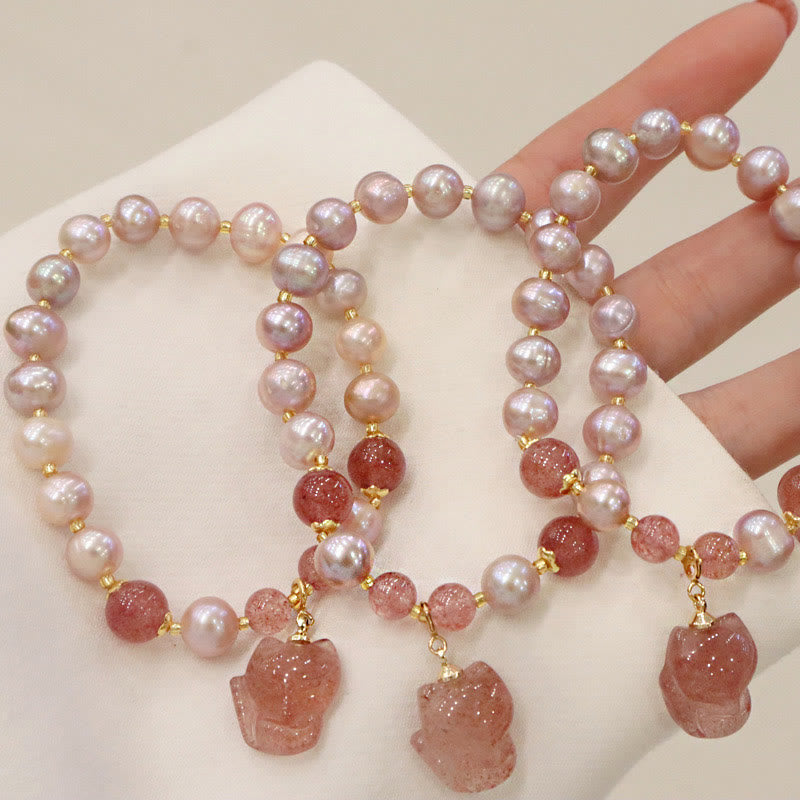 Wear FengShui Natural Pearl Strawberry Quartz Cute Fox Love Healing Charm Bracelet