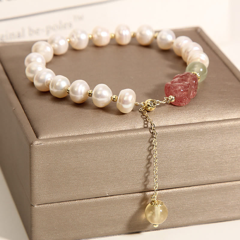 Wear FengShui Natural Pearl Strawberry Quartz PiXiu Optimism Charm Bracelet