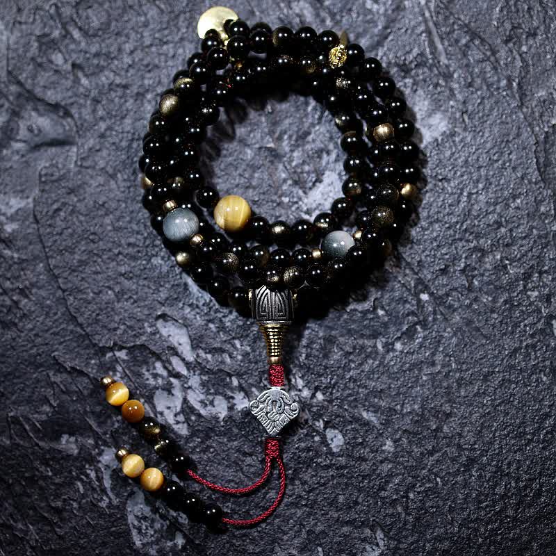 Wear FengShui 108 Mala Beads Gold Sheen Obsidian Tiger Eye Eagle's Eye Stone Wealth Bracelet