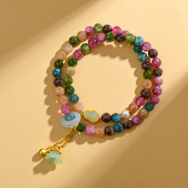 Wear FengShui Multicolored Tourmaline Gourd Wisdom Double Wrap Lily Of The Valley Charm Bracelet