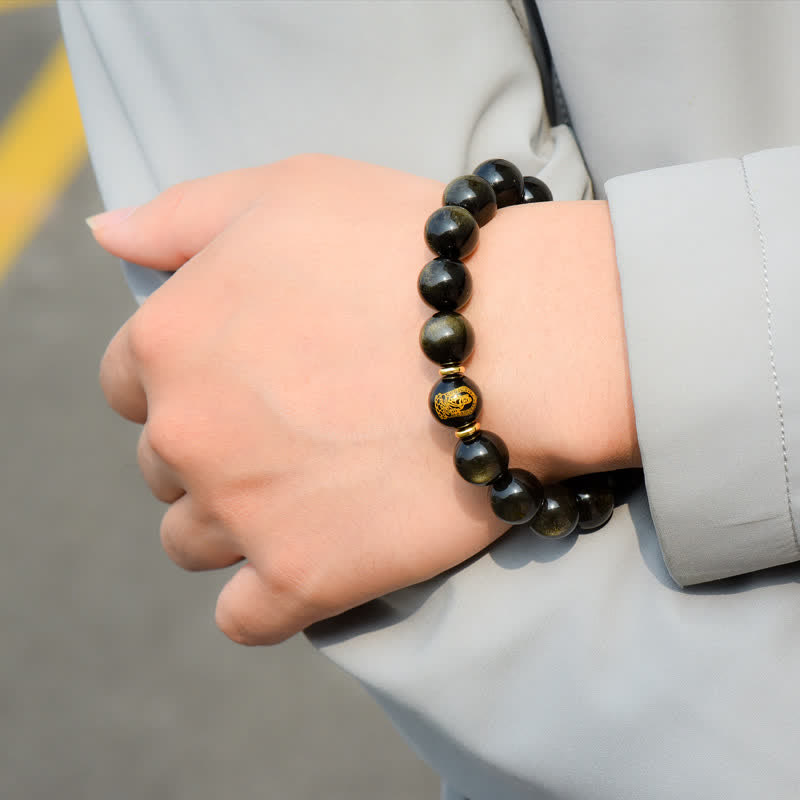 Wear FengShui Chinese Zodiac Natal Buddha Gold Sheen Obsidian Wealth Protection Bracelet