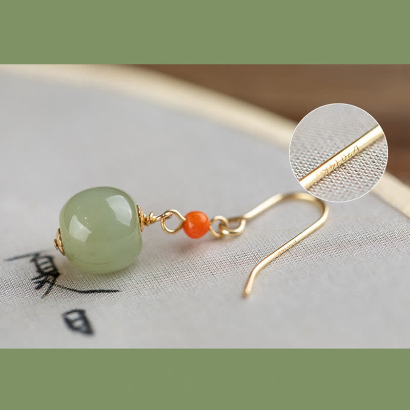 Wear FengShui 925 Sterling Silver Plated 14k Gold Hetian Jade Red Agate Luck Drop Dangle Earrings