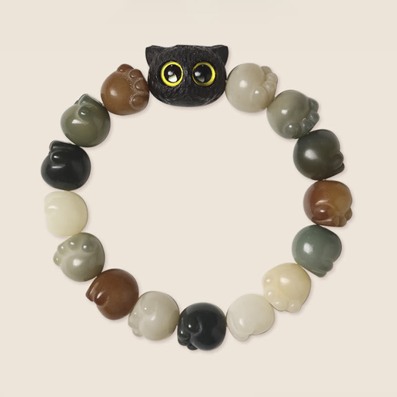 Wear FengShui Natural Bodhi Seed Lovely Paw Ebony Wood Lucky Cat Wisdom Bracelet