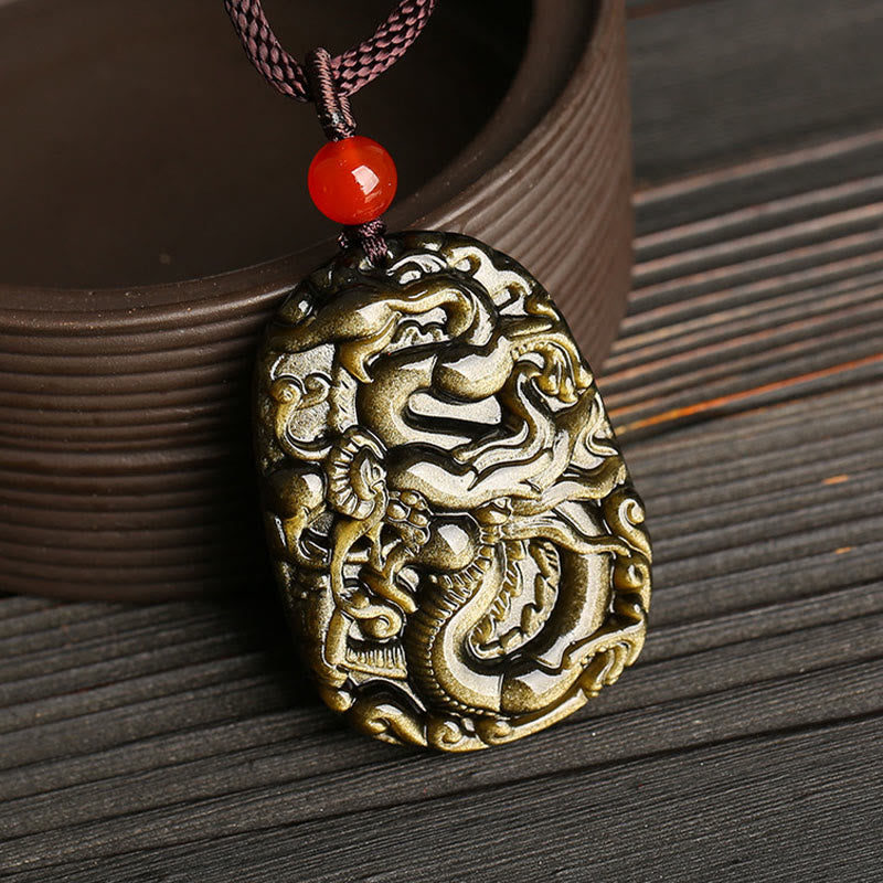Wear FengShui Gold Sheen Obsidian Dragon Pattern Success Necklace Pendant
